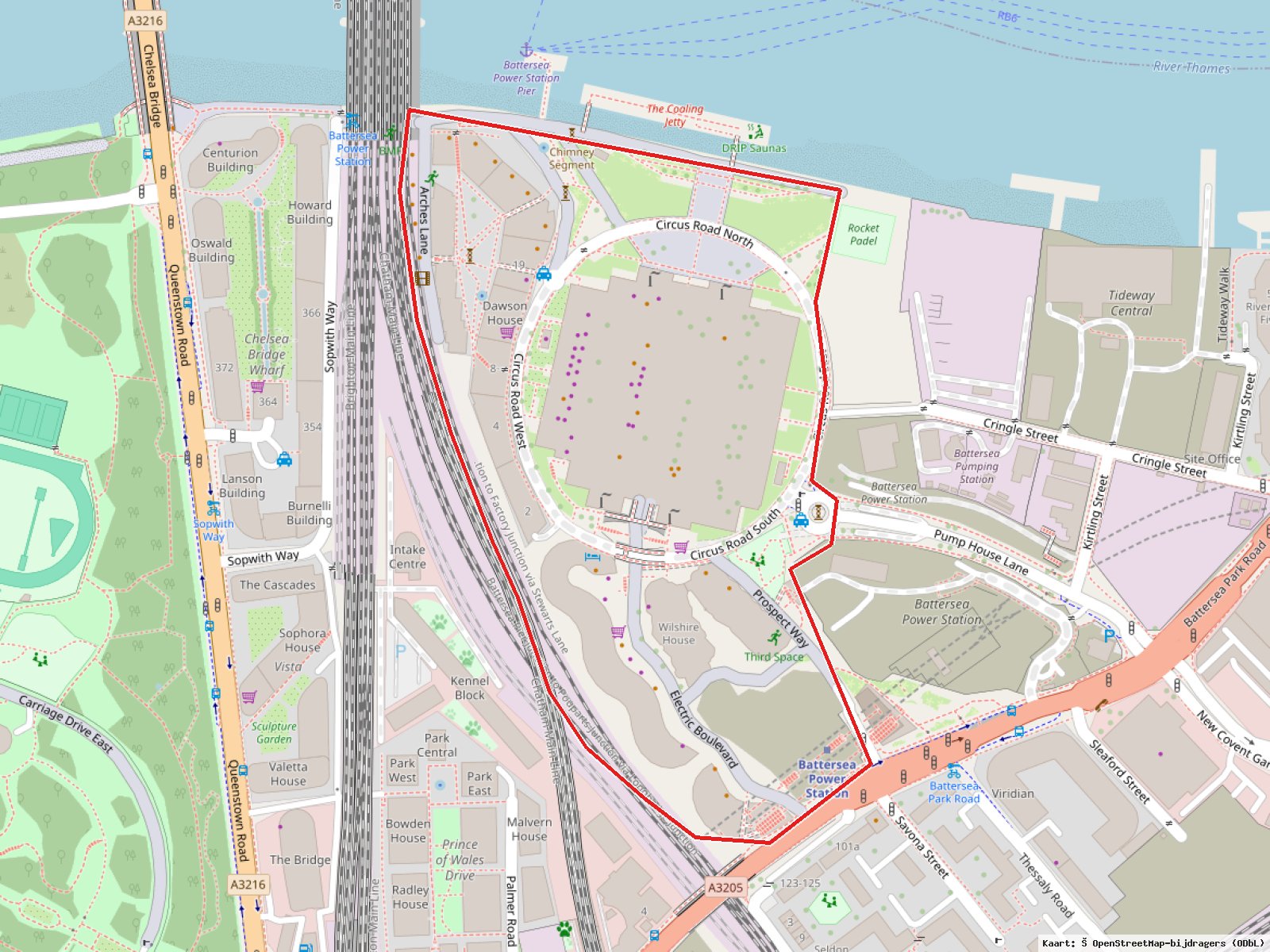 Battersea Power Station: Plangrens · Kaart: © OpenStreetMap-bijdragers (ODbL)