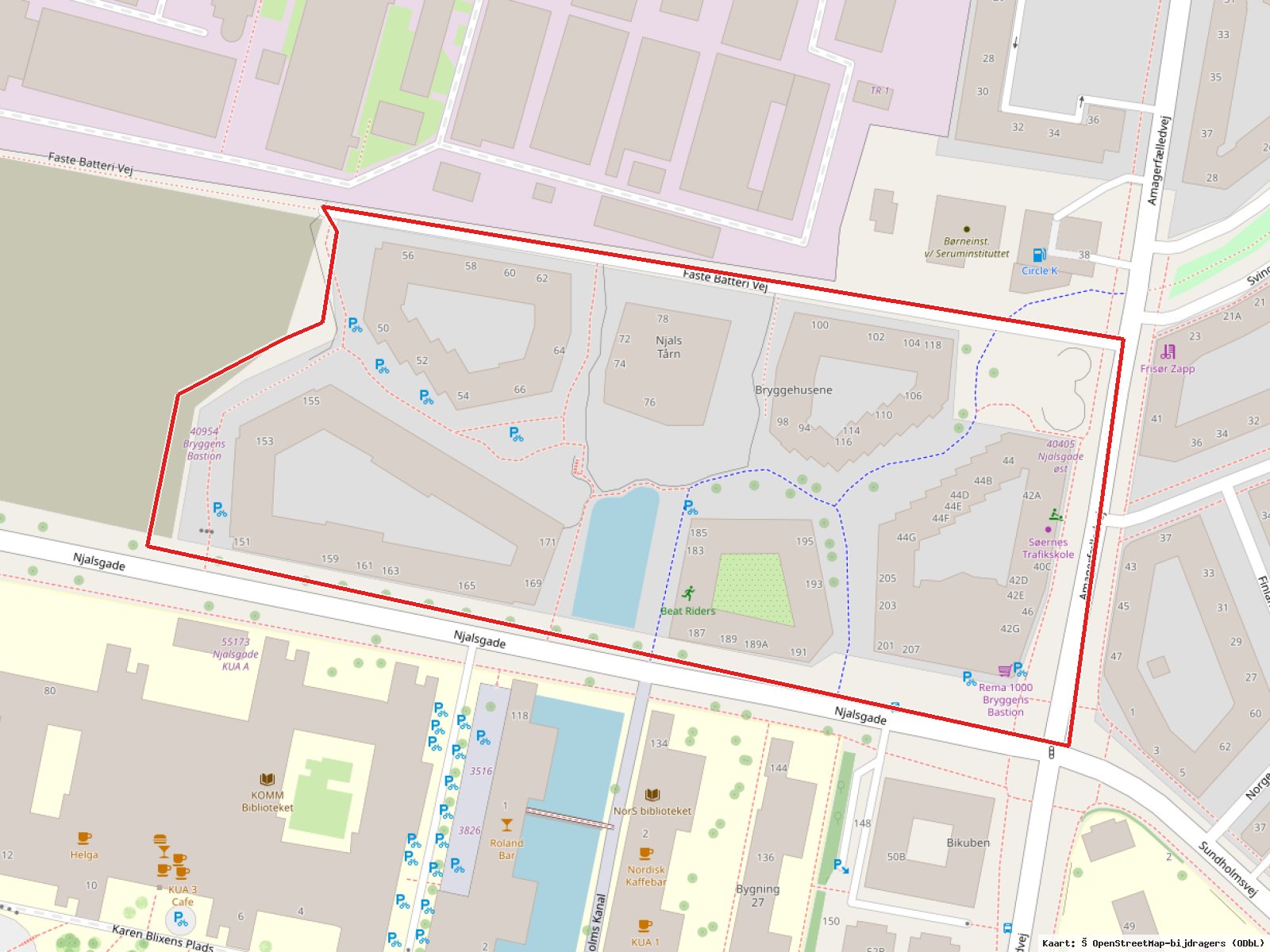 Njalsgade East: Plangrens · Kaart: © OpenStreetMap-bijdragers (ODbL)