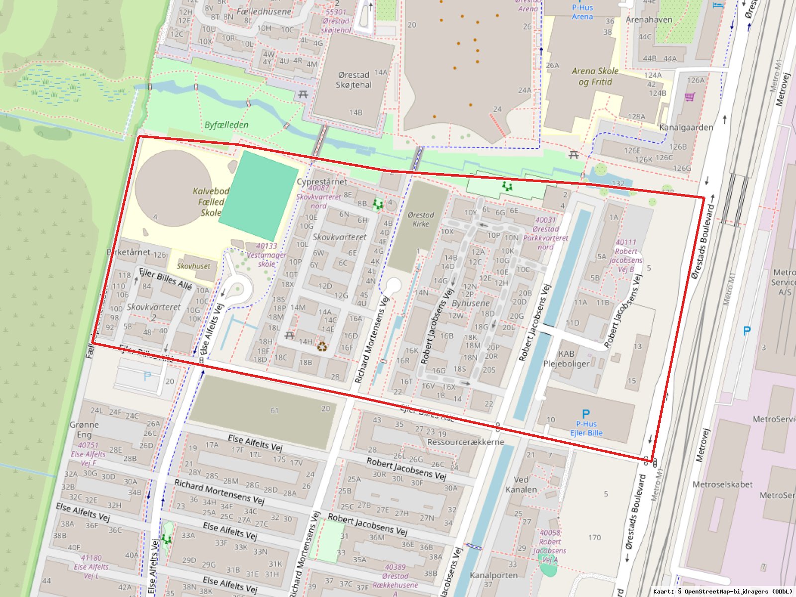 Byfælleden, Ørestad: Plangrens · Kaart: © OpenStreetMap-bijdragers (ODbL)