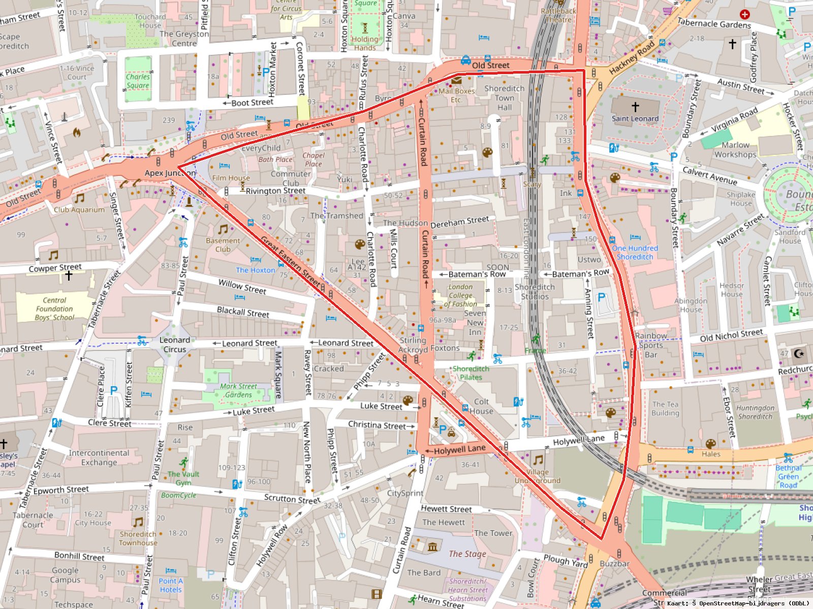 Shoreditch: Plangrens · Kaart: © OpenStreetMap-bijdragers (ODbL)
