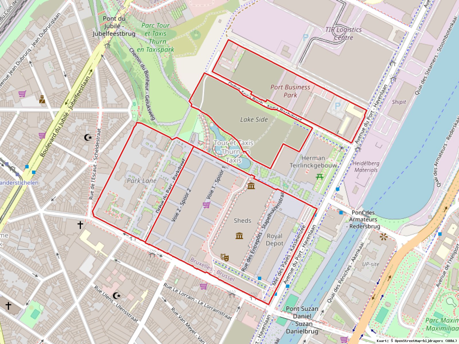 Tour & Taxis: Plangrens · Kaart: © OpenStreetMap-bijdragers (ODbL)